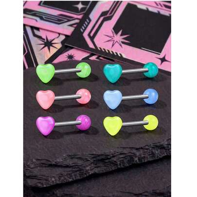 Y2K Heart Tongue Rings 316L Stainless Steel Tongue Piercing Jewelry, Acrylic Rainbow Heart Tongue Piercings, 14G Tongue Ring Balls, Cute Tongue Rings For Women Men