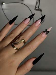 24片装长尖法式假指甲，黑色法式尖头设计，带蝴蝶结，光泽全覆盖，适合女性和女孩日常佩戴，打造精致美甲艺术。 - 黑色 - 查看 7