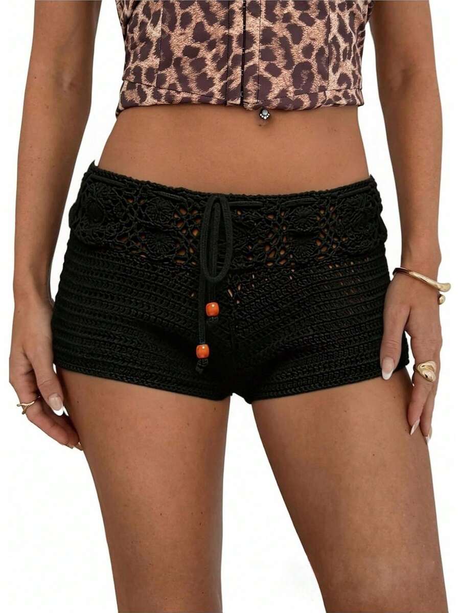 Low Rise Drawstring Shorts For Women Hollow Out Knit See Through Mesh Summer Bottoms - Black - View 1