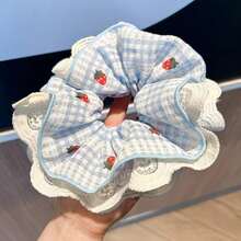 New Arrival Sweet Multi-Layer Blue/Pink Plaid Strawberry Scrunchie, High Elasticity Ruffled Hair Tie For Women,Travel,Birthday - Multicolor - View 3