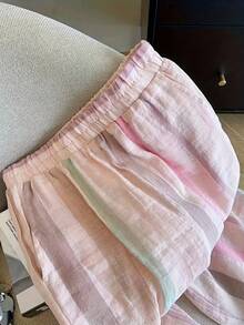 Women's Light Color Striped Woven Wide Leg Pants, Casual Comfortable Vacation Long Pants - Pink - View 5