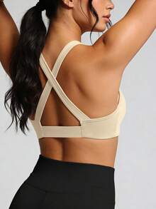 NcmRyu 1pc Women Solid Color Ruched Criss-Cross Backless Sports Crop Top - White - View 7