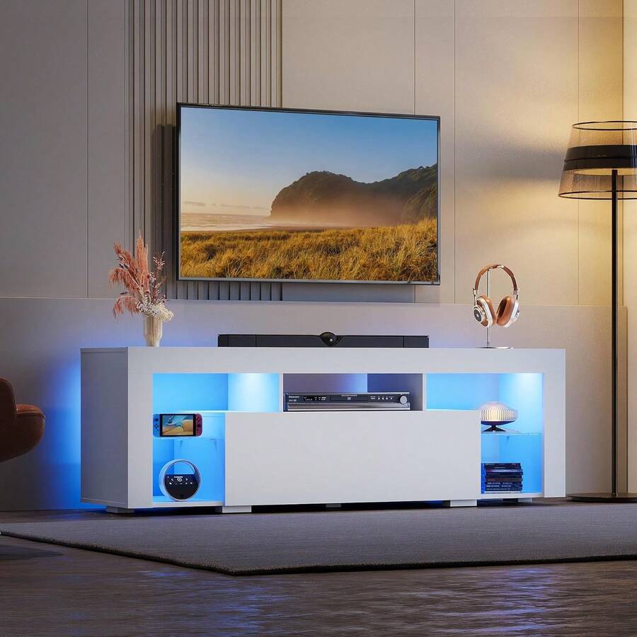 Modern LED TV Stand With 2 Large Storage Drawers, Fits 32/43/50/55/60 Inch TVs, Sturdy Entertainment Center For Living Room, Bedroom, Home Media Console With LED Lighting - 白色 - 查看 1