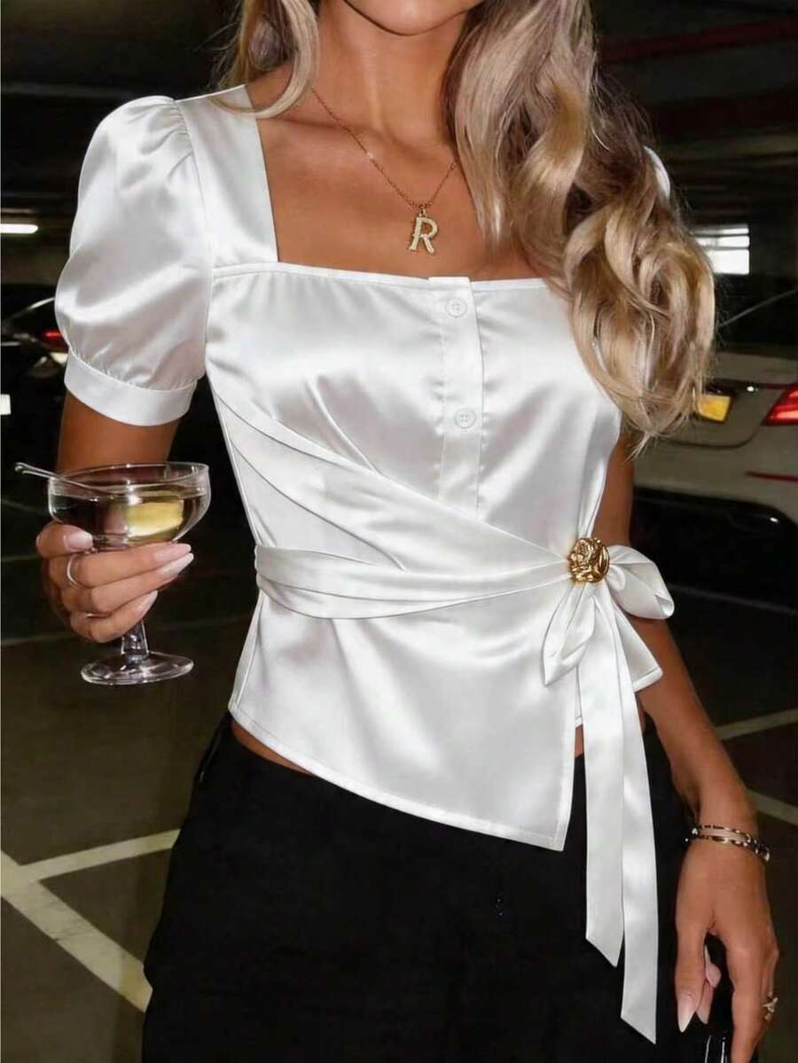 Women's White Woven Fabric Short Sleeve Shirt, Square Neck Wrap Front Blouse Summer - White - View 1