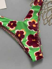 Ensemble de bikini réversible à imprimé carreaux et floral avec nœud pour femme "Lucky Girl", idéal pour la plage, les vacances - Vert - Voir 4