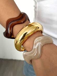 3pcs Vintage Minimalist Wavy Acrylic & Resin Material Bangle Bracelet Set, Suitable For Women's Daily Wear, Stackable, Perfect Gift Choice For Holidays - Multicolor - View 1