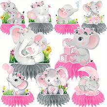 9 pièces Décorations de centre de table en nid d'abeille pour baby shower d'éléphant, décor de table de fête de révélation du à motif éléphant, fournitures de fête d'anniversaire, décorations de célébration, décorations de fête de baby shower, fêtes à thème jungle, base en nid d'abeille - V0122 - Voir 9