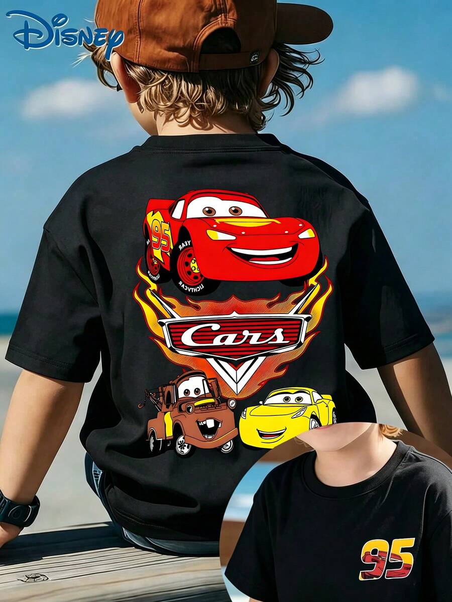 Disney Cars Lightning McQueen Boys Short Sleeve T-Shirt, 2-14Y Kids Casual Tee With Mater & Cruz Ramirez Graphic, Summer Daily Top, Express Delivery - 黑色 - 查看 1