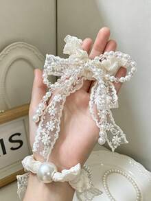 1个精致珍珠蝴蝶结蕾丝发圈，闪亮珍珠发圈，女士款 - 彩色 - 查看 6