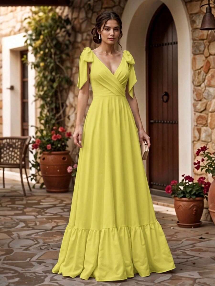 Vestido Largo Escote en V Espalda Descubierta para Mujer - Amarillo - Ver 1
