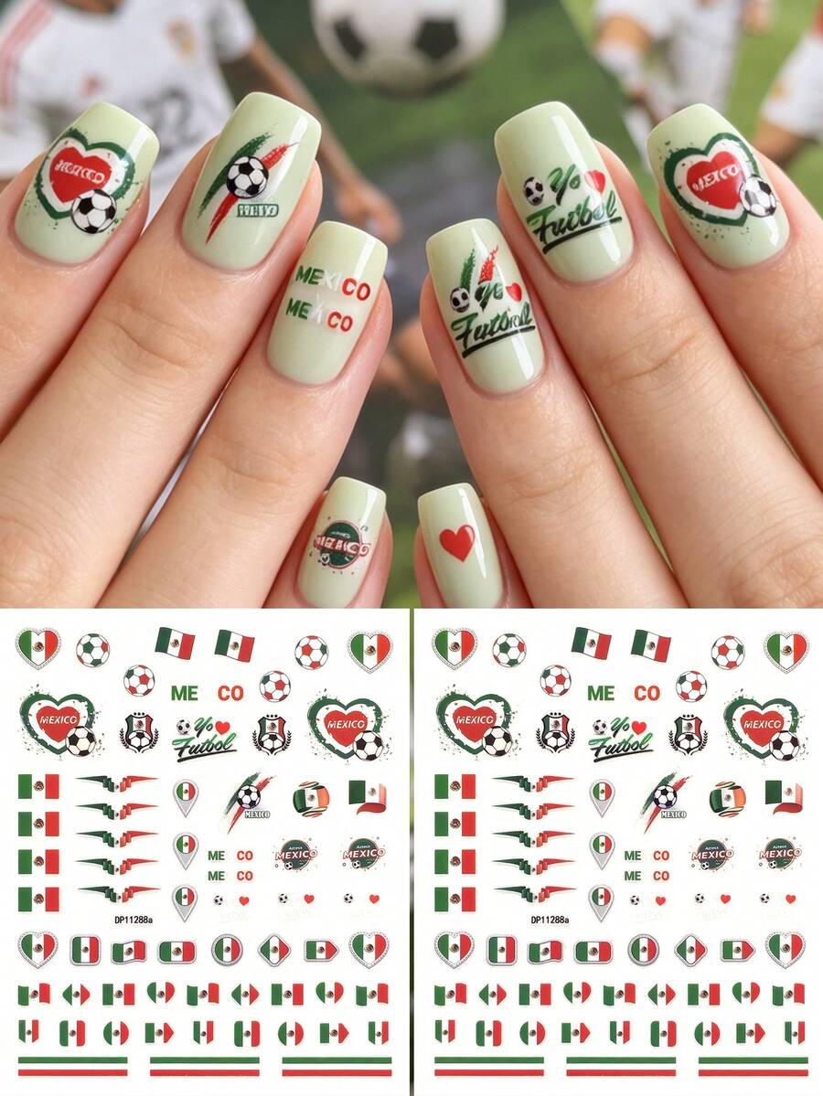 Tiebeauty 2 sets d'autocollants pour ongles thème Coupe du Monde de Football, vert blanc rouge, éléments de drapeau national et de cœur, décalcomanies d'art pour ongles imperméables et longue durée, accessoires à ongles amovibles et DIY
