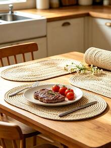 Minimalist Oval Polyester Placemat In Milk Coffee Color, Washable, Non-Slip, Heat-Resistant, Woven Texture Dining Table Mat, Suitable For Kitchen, Dining Room, Outdoor Picnic, Restaurant, Party, Country And Bohemian Home Decor - Apricot - View 3