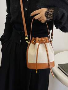 Bolso de cubo para mujer, bolso de hombro cruzado casual de paja con cordón - Marrón - Ver 4