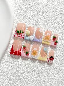 10Pcs Pastoral And Playful Style Handmade Nail Art Set,Unghie Press On,Little Flower, Little Pig's Nose Nail Art Accessories,Hand Sculpted Five Petal Flowers, Strawberries And Bugs Nail Art Decorations,Red, White, Purple, Blue, Yellow, Pink And Green Nail Polish,Fresh And Stylish Style,Comes With Nail Tools(1 Sheets Jelly Stickers+1PC Nail File)3 Sizes Available,Almond Nails, Duck Nails,Coffin Nails,Suitable For Reunion,Daily,Party,Photograph,Play,Spring Summer,Commute Supplies Nails - 彩色 - 查看 2