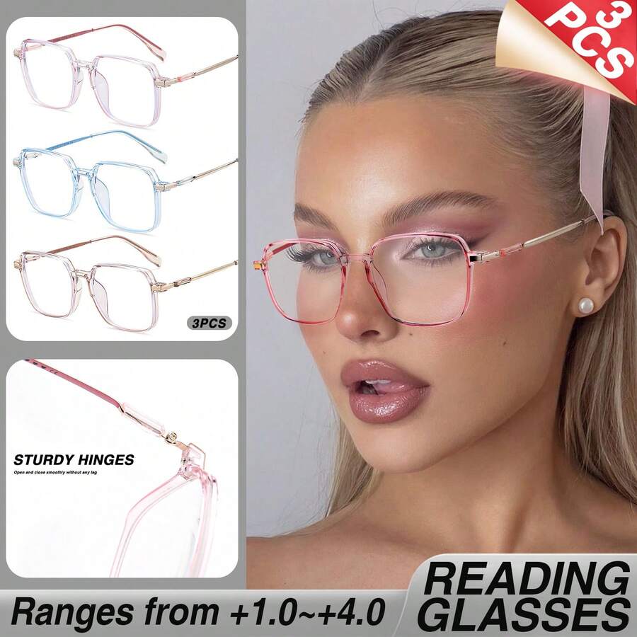 3 Stück modische Lesebrille für Frauen, klassisch minimalistischer großer Rahmen, einzigartiges elegantes Design, jugendliche Farbkombination, Geschenkset mit Vergrößerungsgläsern