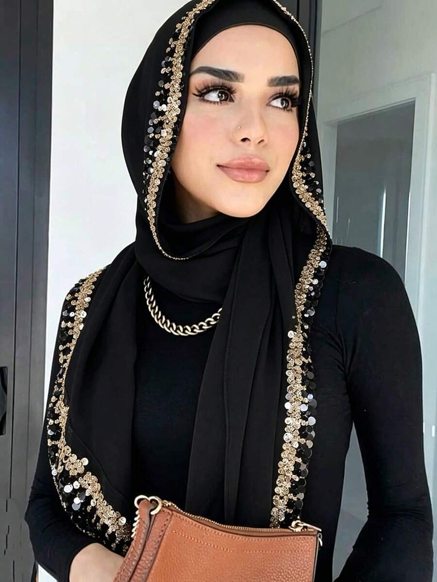 1 chiếc khăn choàng thời trang mùa xuân/hè kín đáo với họa tiết đính sequin trang nhã, chất liệu chiffon thoáng khí với thiết kế viền lượn sóng. - màu đen - Xem 1