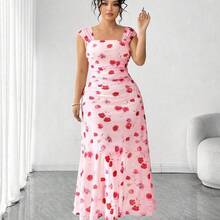 Cravure Plus Size Women's French Romantic Pink Rose Print Off-Shoulder Dress, Plus Size Cinched Waist Pleated Mesh Dress, Gentle Elegant Fitted Slimming Spaghetti Strap Dress 1XL, Suitable For Commute, Date, Vacation, Fairy Dress - amarillo ganso - Ver 8