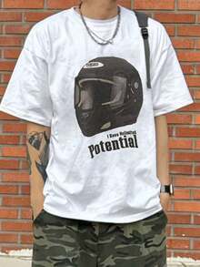 Camiseta de estilo callejero para hombres con estampado abstracto y letra gráfica - Blanco - Ver 6