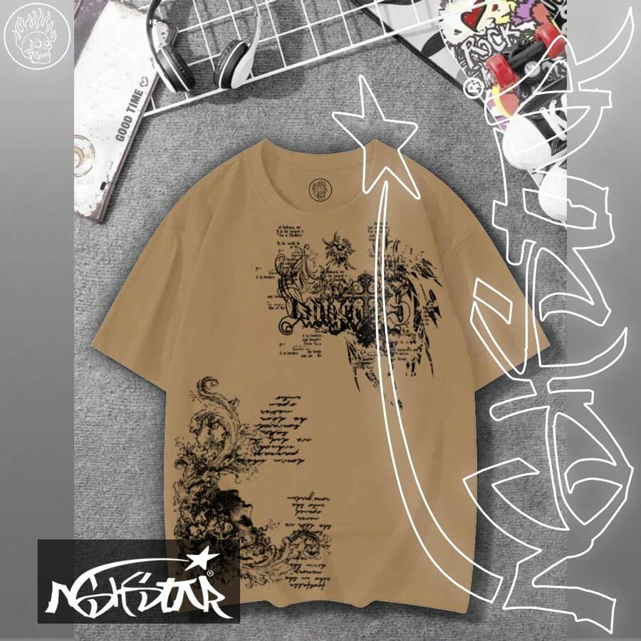 Premium 100% Cotton T-Shirt ASHSTAR "Gothic Y2K" - 卡其色 - 查看 1