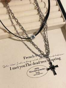 1pc Premium Vintage Distressed Cross Necklace Choker Collar Dark Punk Style Clavicle Chain For Women Daily Wear - Black - View 4