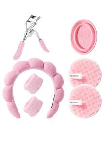 25 PIEZAS Juego de herramientas de maquillaje que incluye: 1 diadema, 2 correas para tazón de mano, 3 borlas de polvo triangulares, 3 borlas de algodón en nube, 3 esponjas de maquillaje mini, 6 borlas de polvo de cojín de aire mini, 3 esponjas de maquillaje, 2 esponjas limpiadoras faciales, 1 herramienta de limpieza de brochas de maquillaje, 1 rizador de pestañas - Multicolor - Ver 13