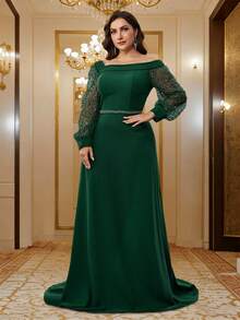 BluePlum Đầm dạ hội dáng chữ A cổ không đối xứng, tay lồng đèn xuyên thấu đính sequin, phối vải mờ và voan lưới, phong cách sang trọng, size lớn cho đám cưới, phù dâu và tiệc tùng - Màu xanh lá cây đậm - Xem 2