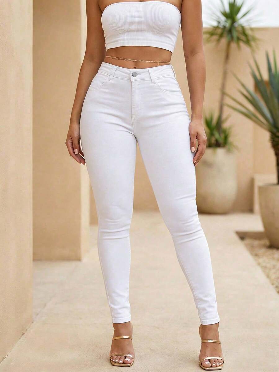 New Washed Slim-Fit Women's Jeans, Casual & Commuting - White - View 1