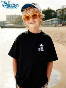 Disney Mickey Mouse Kids Double-Sided Print Breathable T-Shirt, Boys Girls Summer Casual Top - 黑色 - 查看 2