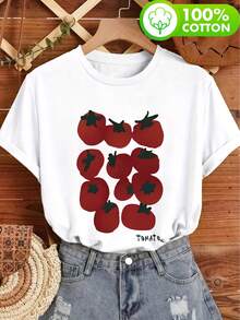 Áo thun cổ tròn tay ngắn đơn giản dành cho nữ, được làm từ chất liệu cotton nguyên chất mềm mại và thoáng khí. Kiểu dáng vừa vặn, dễ mặc hàng ngày, với họa tiết cà chua phẳng. Thích hợp cho đi làm, đi học và những buổi đi chơi thường ngày vào mùa xuân, hè và thu. Màu trắng. - trắng - Xem 3