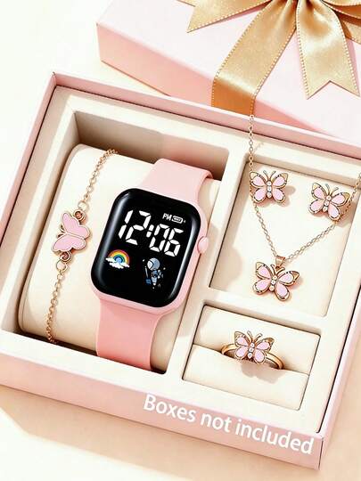 6pcs/Set Women's Watch With Silicone Strap, Plastic Case, Butterfly Decor, Matching Butterfly Bracelet, Necklace, Earrings, Ring, Delicate & Cute, Fashionable Gift For Women, Ideal For Easter, Ramadan, Mother's Day And Other Holidays