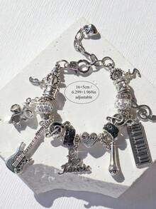 1pc Music Festival Charm Bracelet, TS Friendship Bracelet, Music Festival Concert Cheering Wristband, Fashion Simple Guitar & Drum Band Bracelet - 銀色 - 查看 11