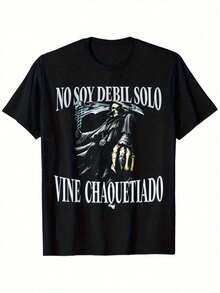 Camiseta gráfica de calavera mexicana con sarcasmo para hombres de Calacas Chidas Gym - Diseño "No Soy Debil Solo", camiseta negra de manga corta, cómoda y versátil para uso casual de verano |   Camiseta gráfica de calavera |   Ajuste cómodo - Negro - Ver 1