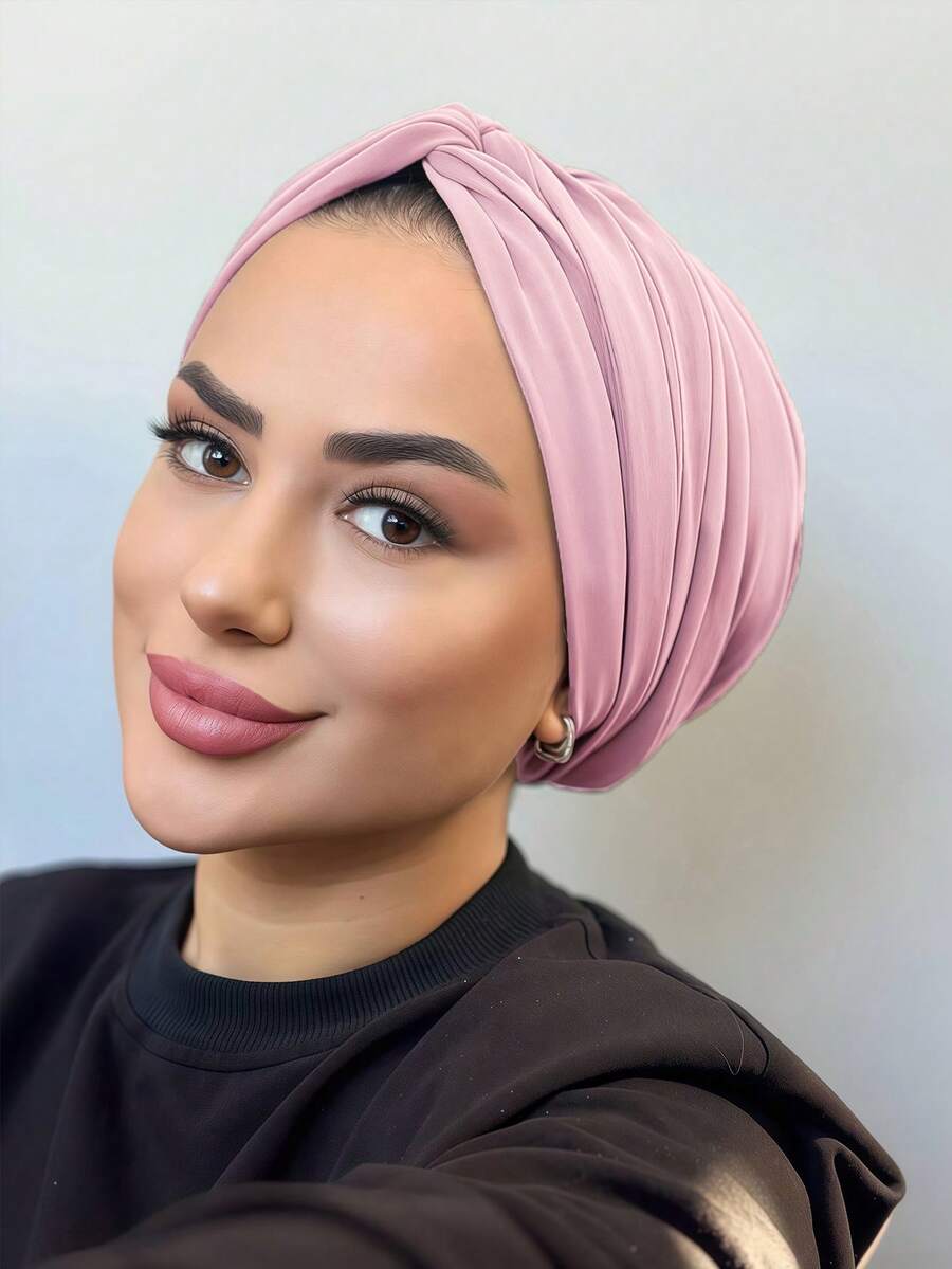 1 buc. Turban chimio clasic pentru femei, culoare solidă, design plisat de înaltă elasticitate, eșarfă antiderapantă și respirabilă, stil plisat multistrat pentru hijab, material tricotat modal moale și confortabil, potrivit pentru purtare zilnică - Piele Roz - Vizualizare 1