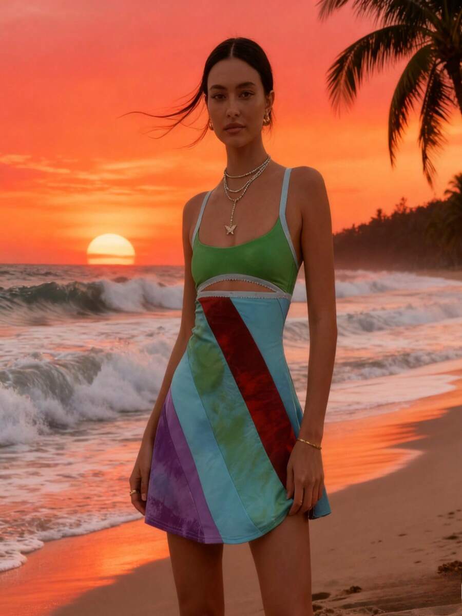 Vestido de Tirantes Finos con Diseño de Dos Tonos - Corte en A con Detalles de Encaje, Ideal para Fiestas, Viajes y Reuniones,Y2k - Verde - Ver 1