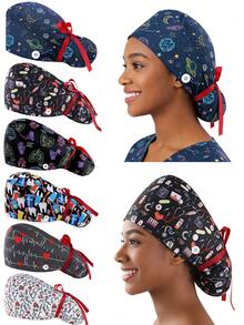 1 pieza Gorro quirúrgico estampado para mujer, gorro de enfermera, diadema multifuncional para cola de caballo, adecuado para hospitales veterinarios, instituciones de estética médica, hoteles, restaurantes, industria alimentaria, Halloween, San Valentín, gorro para cabello largo, playa, viaje - Multicolor - Ver 12