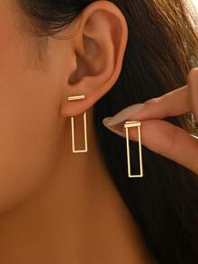 1 Pair Middle Eastern Metal Style Fashion Front & Back Earrings For Women, Minimalist Geometric Shape Elongated Rectangle Design, Suitable For Daily Wear, Party, Vacation, Holiday Gift For Girlfriend/Best Friend - Golden - View 5