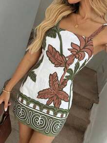 Vestido corto A-line para mujer, sin mangas y con tirantes finos, con estampado tropical de flores y palmeras.Diseño ajustado en la cintura, silueta favorecedora y ligera.Ideal para uso casual, vacaciones y salidas de primavera y verano. - Multicolor 4 - Ver 7