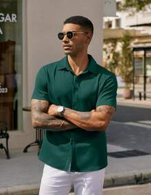 Men's Casual Non-Iron Shirt Short Sleeve Button Summer Stretch Formal Shirt - Hồ Xanh - Xem 2