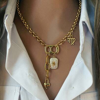 1pc Women's Pendant Necklace, Includes Various Pendant Designs Such As 12 Zodiac Signs, Canned, Rhinestone Octagonal Star, Heart-Shaped Padlock, Etc. Elegant & Fashionable, Suitable For Daily Wear, Party Wear, Also A Great Gift Choice.
