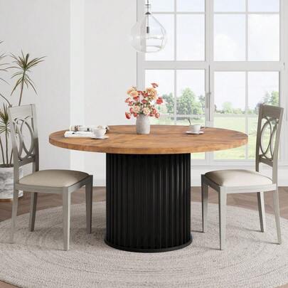 Mesa de comedor redonda industrial moderna para 4-6, 47.2 pulgadas Top de grano - Base de pedestal de metal ranurado - Muebles de ahorro de espacio - Comedor o cocina