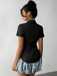 1pc Solid Color Woven Fabric Front Button Fitted Blouse For Office Wear Black Summer - Black - View 3