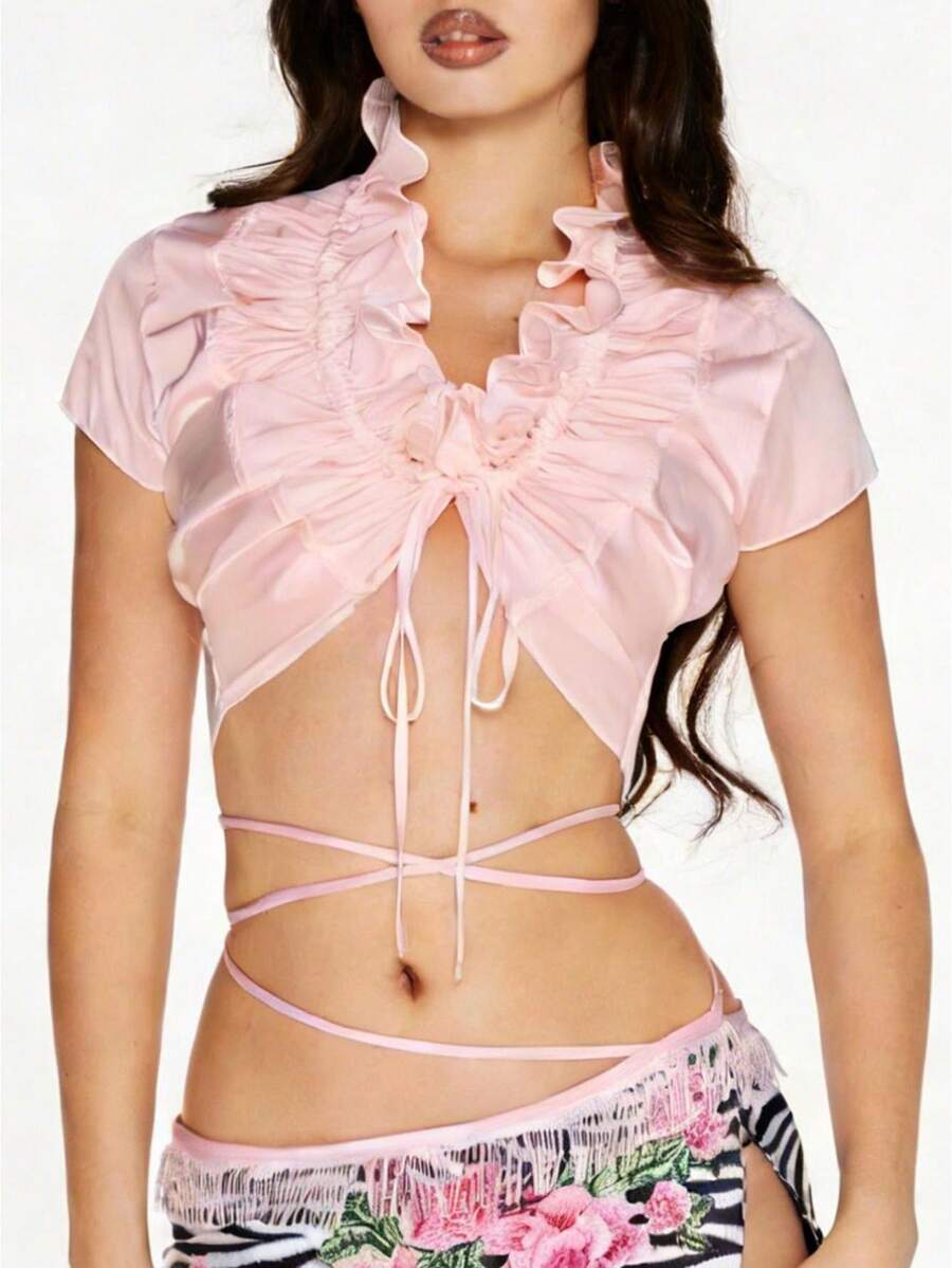 Women's Tie-Up Front Shoulder Tops Summer Short Sleeve Deep V Neck T-Shirts Fashion Crop Tops - Hồng - Xem 1