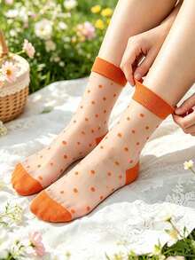 4 pares de calcetines transparentes de estilo retro francés con lunares, calcetines ultradelgados de media pantorrilla para mujer, pantimedia transpirable y de moda, esencial para el trayecto y las citas de primavera/verano - Multicolor - Ver 2