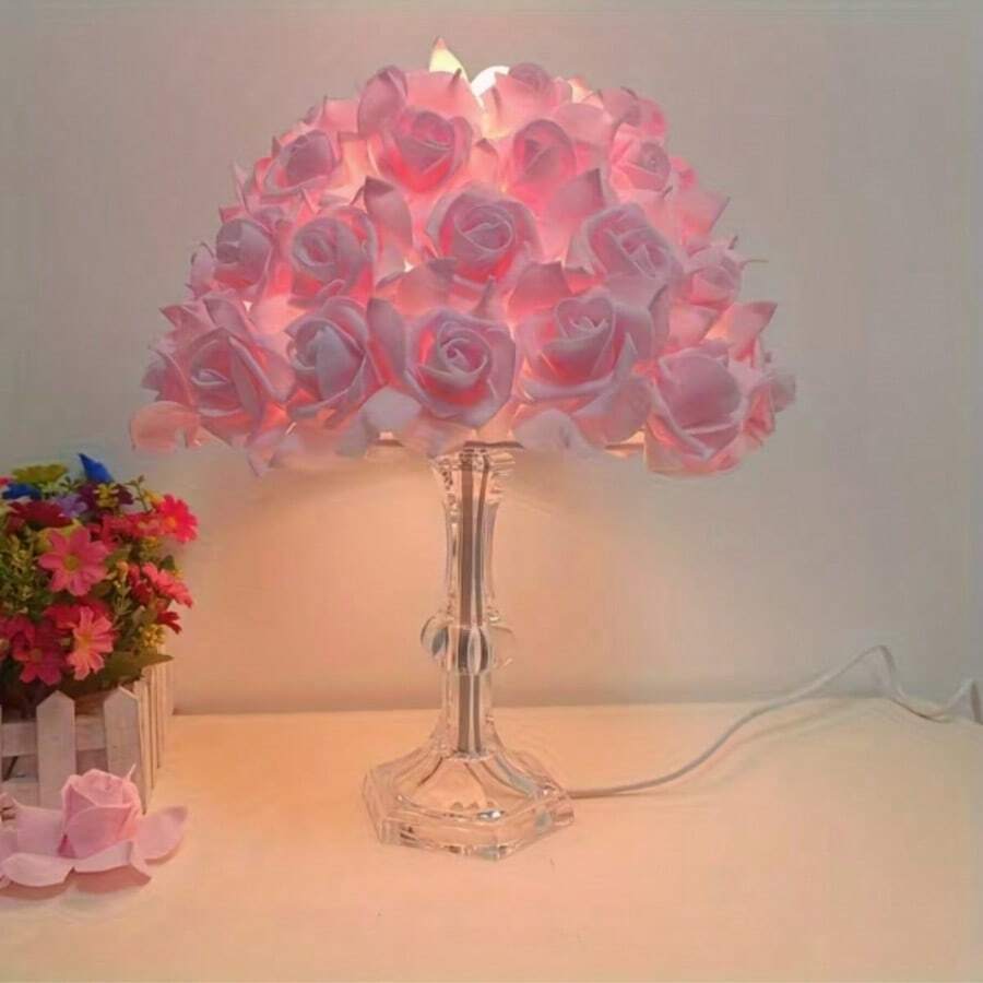 12.6英寸粉色玫瑰花灯罩，带金属支架，玫瑰花瓣造型，适用于大多数台灯 - 粉紅色玫瑰 - 查看 1