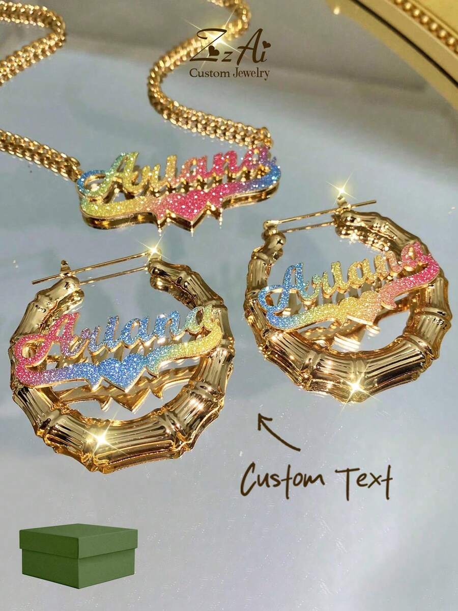 [ZzAi Custom]1套酷名耳環與項鍊：客製化竹圈，個性化珠寶套組，5cm耳環與項鍊套組，噴砂風格，不鏽鋼客製珠寶，含禮盒，適合情人節 - 壓砂款-3 - 查看 1