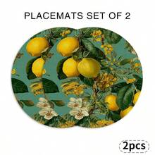 A Circular Placemat Featuring Fresh Lemon, Green Leaves, And Water Droplets, Suitable For Use In Spring, Summer, Autumn, And Winter. It Adopts A Multi-Color Pattern Design And Is Woven From 100% Polyester Fiber. - Multicolor - View 14