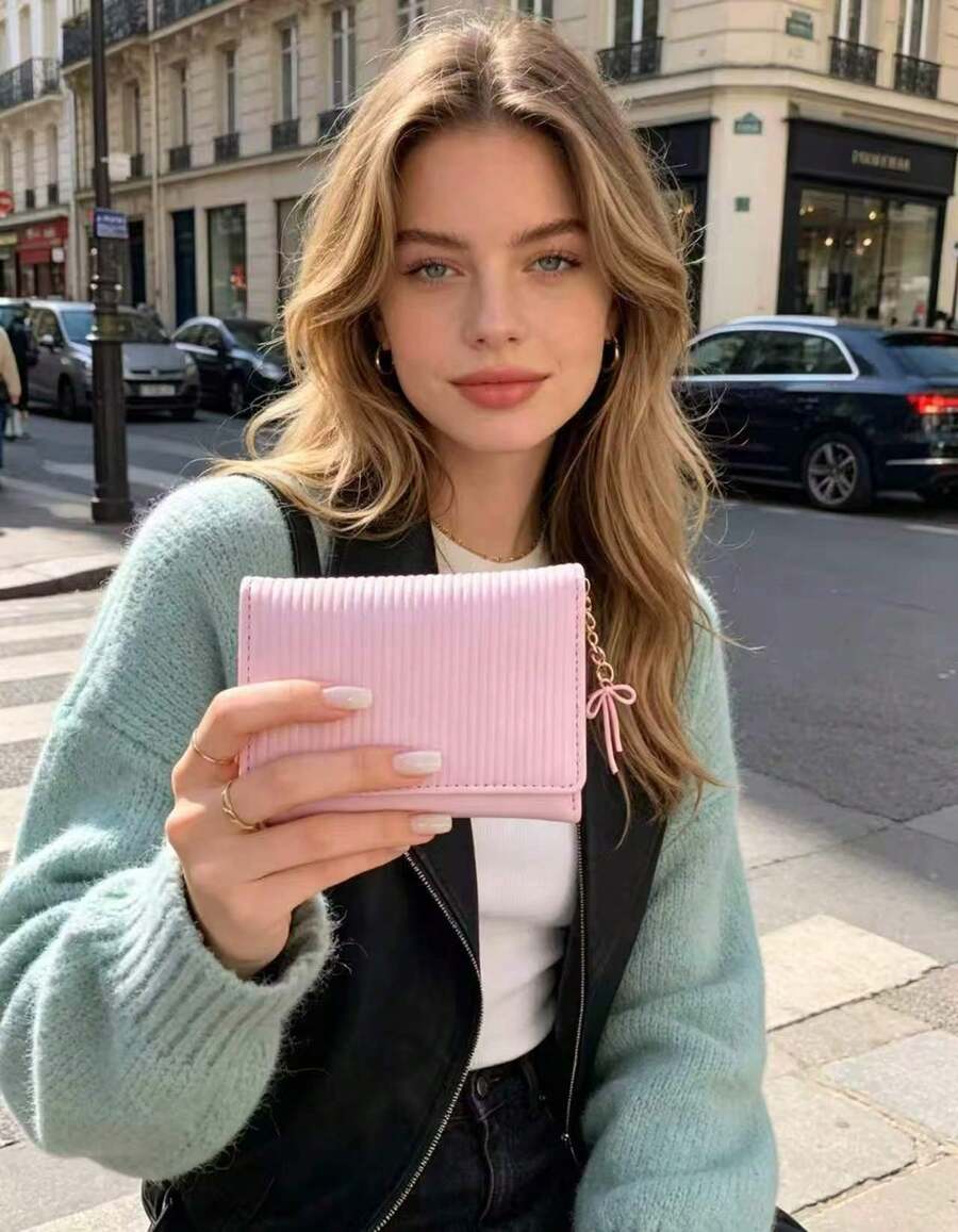 Korean Bow Ins Student Wallet, Short Women's Wallet, High-End Three Fold Change Card Wallet Clip Wallet,Multi-Functional Wallet Women Short Wallet Coin Purse Flap Card Case Envelope Bag For Women Wallet2026 - 粉色 - 查看 1