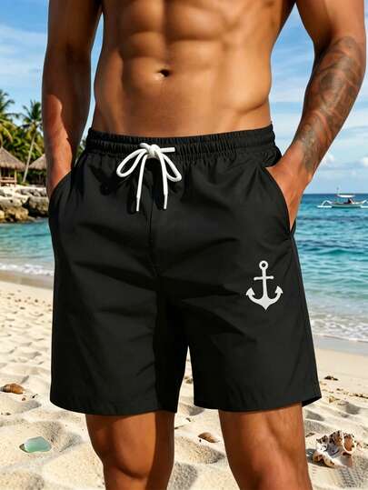Plus Size Men Casual Outdoor Anchor Pattern 3D Digital Print Drawstring Relaxed Shorts For Daily Wear, Home & Vacation