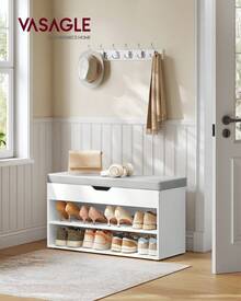 VASAGLE Zapatero, Banco Recibidor con 3 Compartimentos, Mueble Zapatero con Asiento Tapizado, 30 x 80 x 44 cm, Blanco Nube y Gris Paloma - Blanco - Ver 2