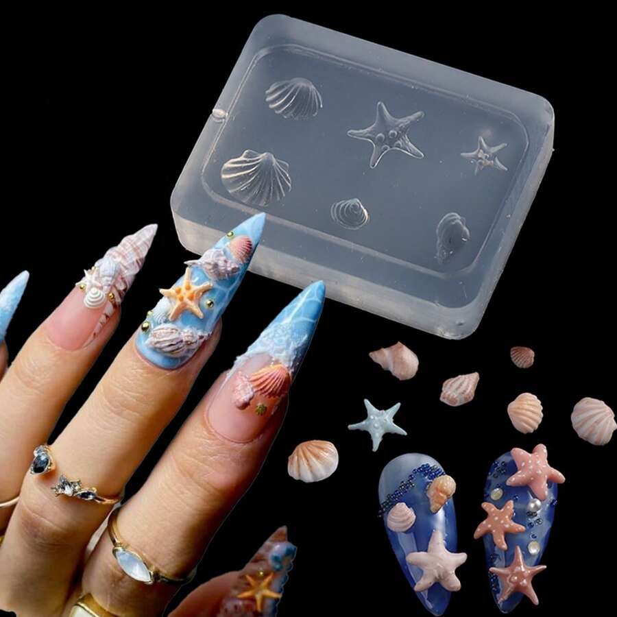 Ensemble de moules en silicone 3D pour nail art Coquillage & Étoile de mer, comprend un stylo de sculpture à double tête - Transparent - Voir 1